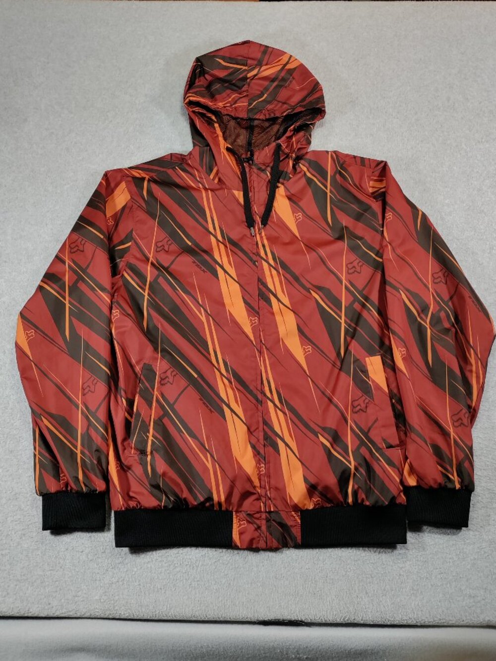 Fox Racing Windbreaker Mens L Red Orange Slash Print Hooded Moto Jacket